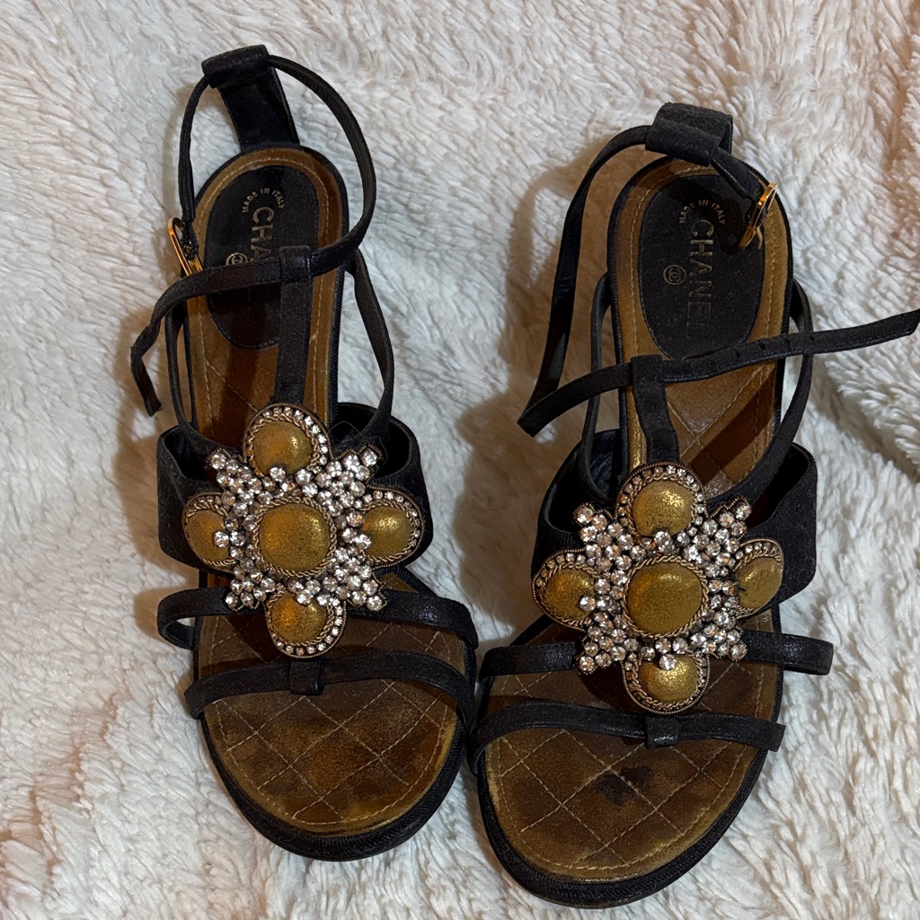 Chanel Black And Gold Embellished Heels